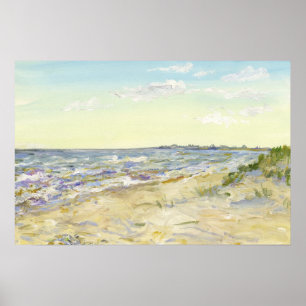 Sunlit Sandy Beach and Blue Sea Watercolor Poster
