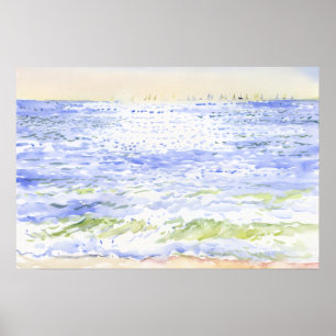 Sunlit Sea and Distant Sailboats Watercolor Poster