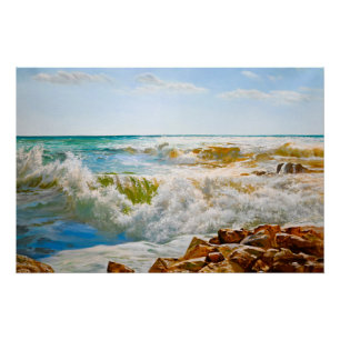 Sunlit Sea with Crashing Waves Poster