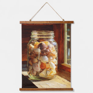 Sunlit Seashell Jar Rustic Coastal Art Hanging Tapestry