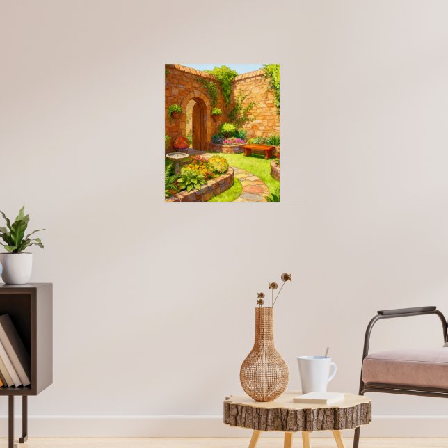 Sunlit Stone Courtyard Garden Path Watercolor Art Poster (Living Room 3)