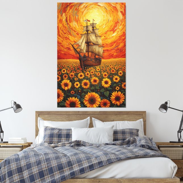  Sunlit Sunflower Sea - Whimsical Sailing Ship Fan Canvas Print (Insitu(Bedroom))