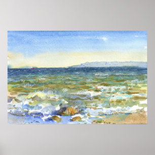 Sunlit Surf and Distant Mountains Watercolor Poster