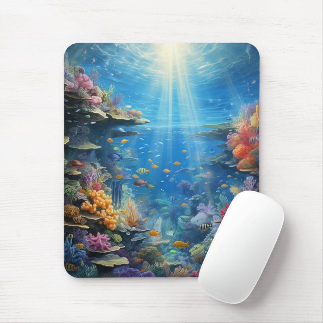 Sunlit Tropical Underwater Coral Reef Mouse Pad (With Mouse)