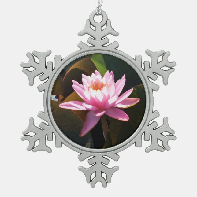 Sunlit Waterlily Pink Floral Water Garden Snowflake Pewter Christmas Ornament (Front)