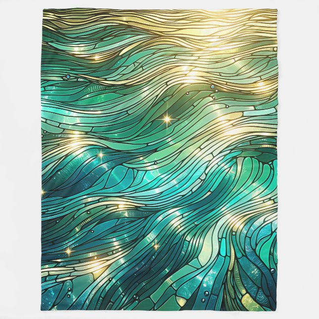 “Sunlit Waves - Vibrant Ocean Art” Fleece Blanket (Front)