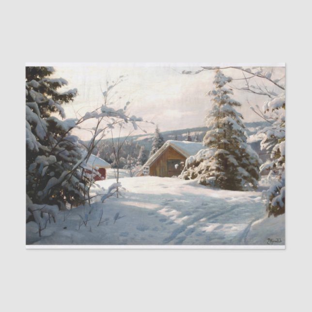 Sunlit winter landscape by Peder Mork Monsted  Tissue Paper (Front)