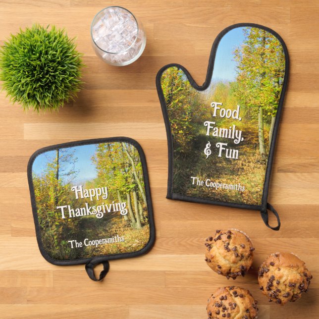 Sunlit Woods in Autumn - Personalized Oven Mitt & Pot Holder Set (Top Down)