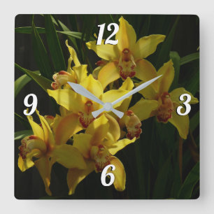 Sunlit Yellow Orchids Floral Square Wall Clock