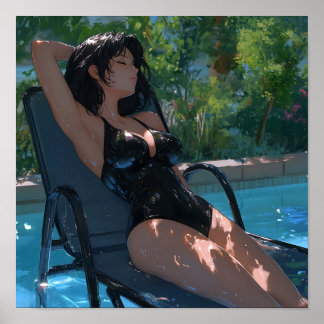 Sunny Anime Girl in Black Swimsuit by Pool Poster