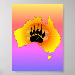 Sunny Australia Map Bear With Retro Sunset Poster
