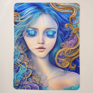 Sunny Azur Ocean Surf Waves Blue Gold Girl Art Sherpa Blanket