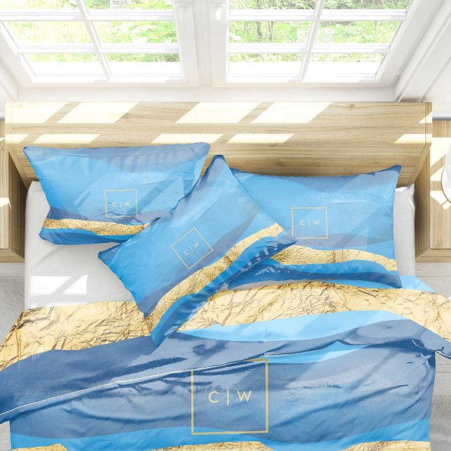 Sunny Azur Ocean Surf Waves Blue Gold Monograms Pillowcase (Creator Uploaded)