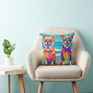 Sunny Beach Dogs: Colourful Painting Cushion