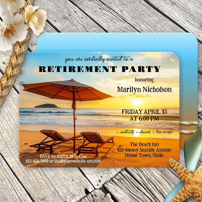Sunny Beach Retirement Party  Invitation (A relaxing retirement party invitation featuring lounge chairs on the beach at sunset)