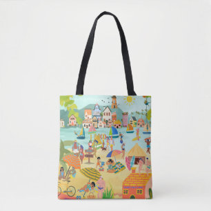 Sunny Beach Town With Happy Vacation Tourist Tote Bag