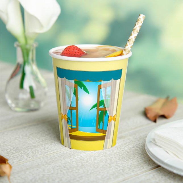 Sunny Beach View Through Open Window Paper Cups (Creator Uploaded)