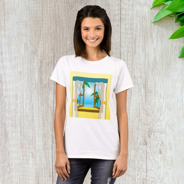 Sunny Beach View Through Open Window T-Shirt (Creator Uploaded)
