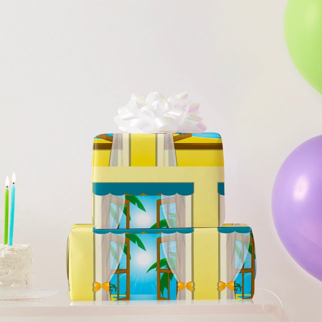 Sunny Beach View Through Open Window Wrapping Paper (Creator Uploaded)