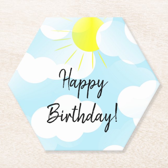 Sunny Blue Summer Sky with Clouds Birthday Wishes  Paper Coaster (Front)