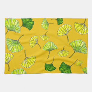 Sunny Botanical Gingko Leaves on Bright Yellow Tea Towel