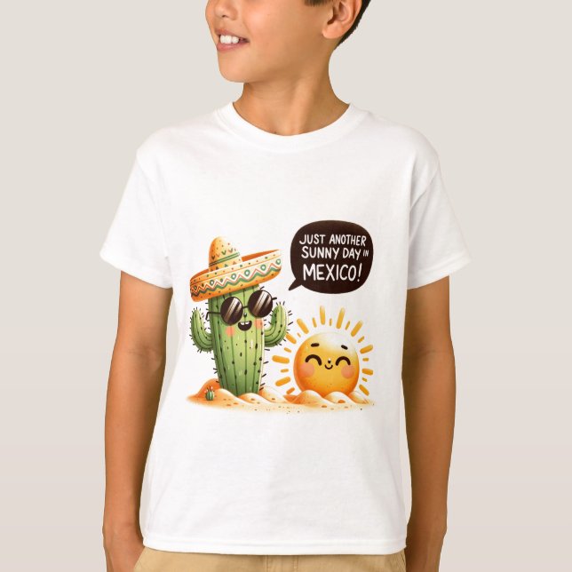 Sunny Cactus Fiesta - Whimsical Mexican Themed T-Shirt (Front)