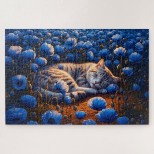 Sunny cat colour sleep floral blue cute nature jigsaw puzzle