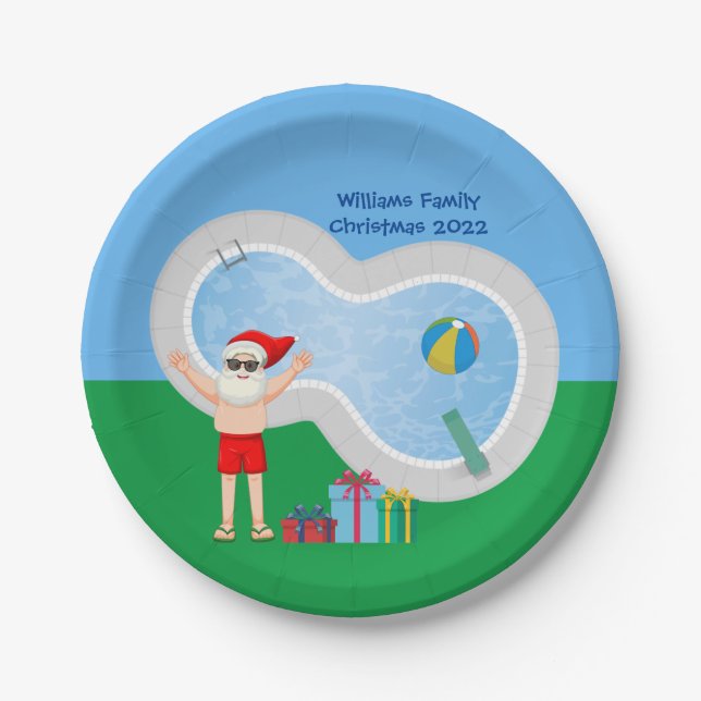 Sunny Christmas Santa Claus Cute Custom Pool Party Paper Plate (Front)