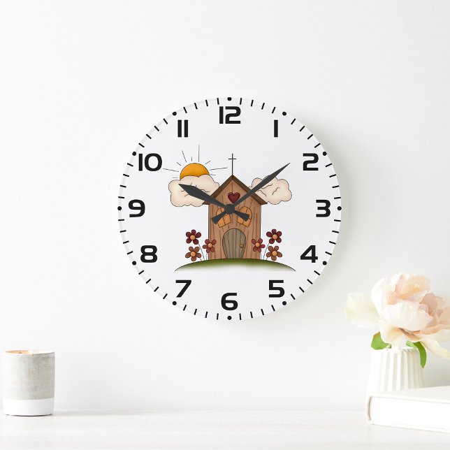 Sunny Church With Flowers Rustic Country Charm  Large Clock (Creator Uploaded)