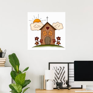 Sunny Church With Flowers Rustic Country Charm Poster