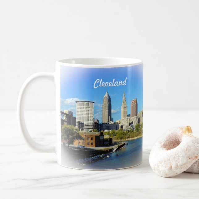 Sunny Cleveland River Skyline  Coffee Mug (With Donut)