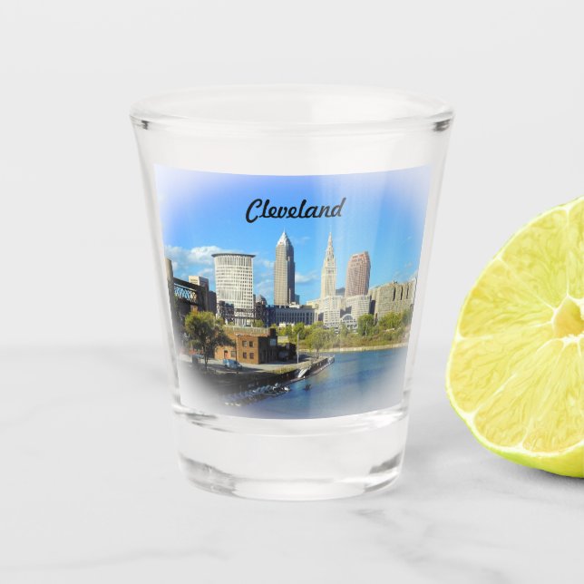 Sunny Cleveland River Skyline Shot Glass (Front)