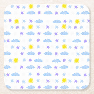 Sunny, Cloudy, Starry Weather Pattern Square Paper Coaster
