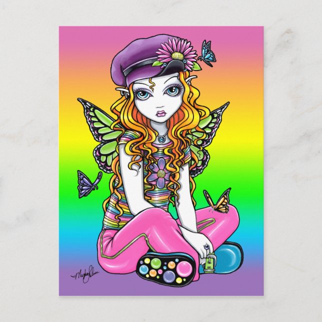 "Sunny" Cute Rainbow Butterfly Fairy Art Postcard (Front)