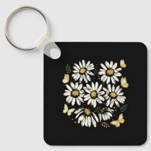 Sunny Daisy Bloom Retro Yellow Flower Key Ring