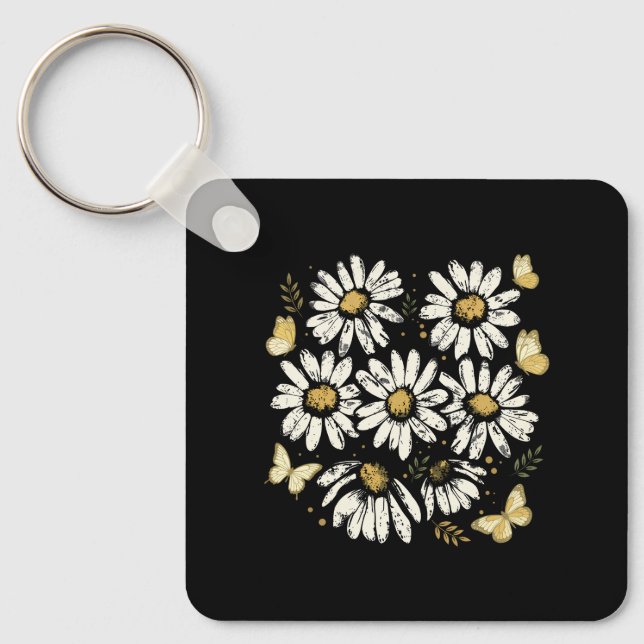 Sunny Daisy Bloom Retro Yellow Flower Key Ring (Front)