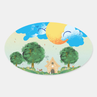 Sunny Day Cats At Play Cottage Trees Oval Sticker