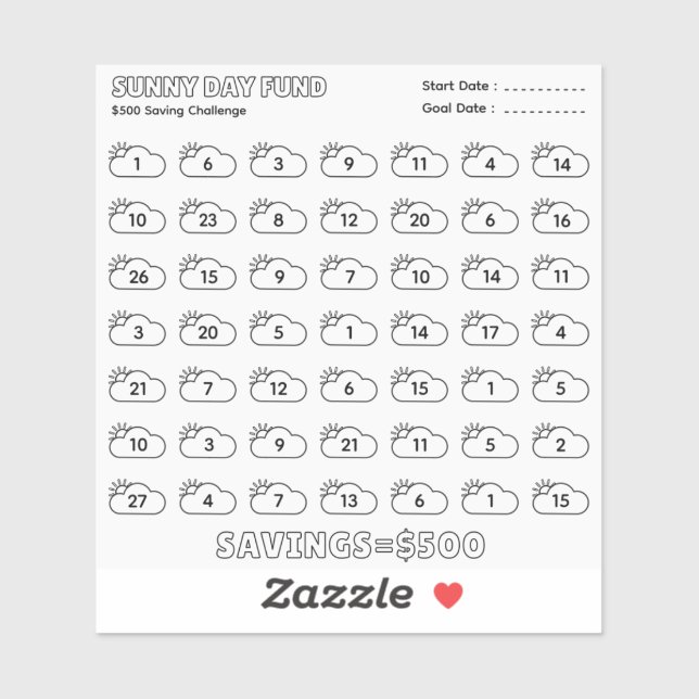 Sunny Day Fund 500$ Savings Challenge Budget Plan  (Sheet)