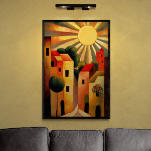 Sunny Day in Small Town AI Art Retro Illustration Poster