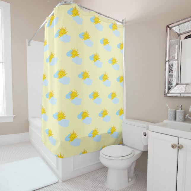 Sunny Delight: Cute Sun Illustration Pattern Shower Curtain (In Situ)