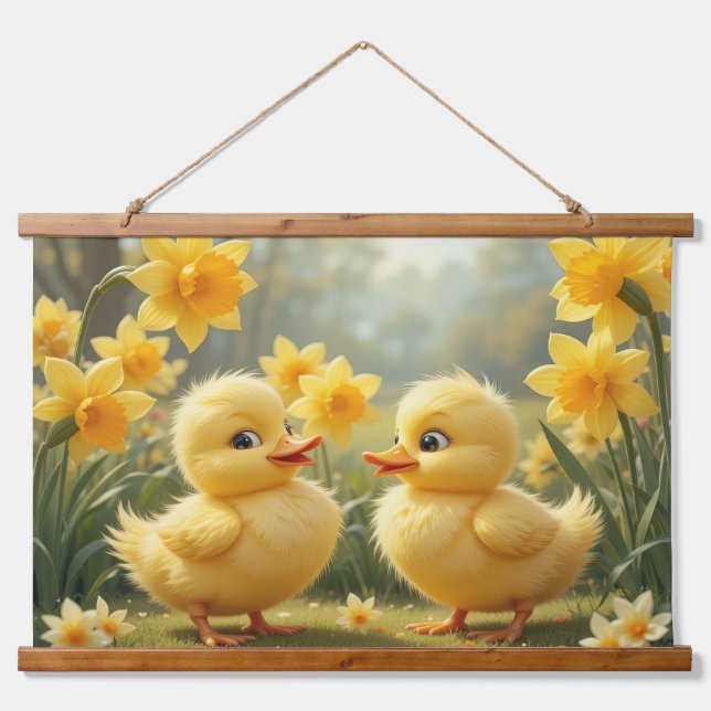 Sunny Duckling Duo Among Daffodils  Hanging Tapestry (Front)