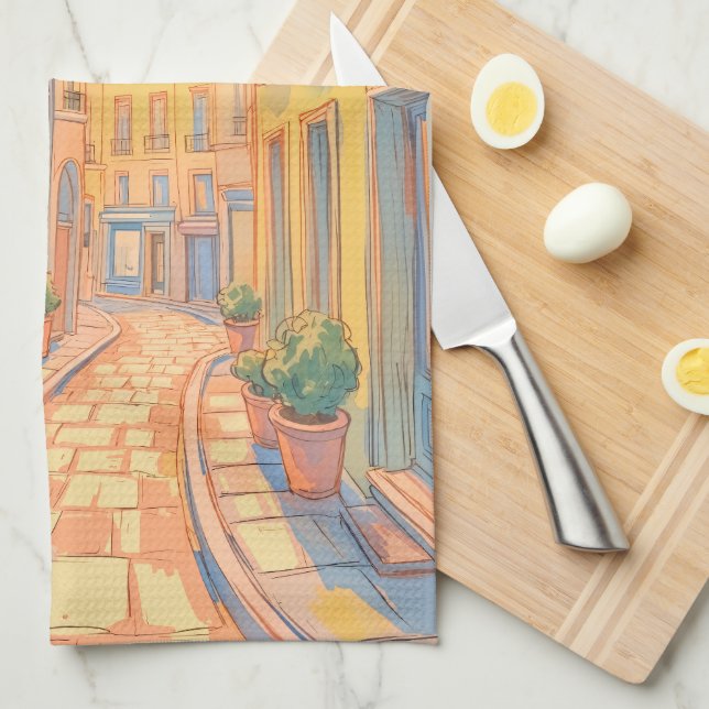 Sunny European Street Kitchen Towel – Cosy Travel (Quarter Fold)