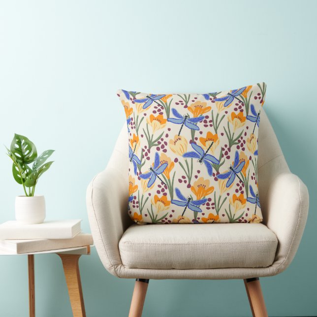 Sunny floral crocus and dragonfly pattern cushion (Chair)