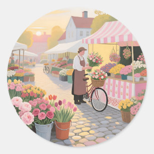 Sunny Flower Street Scene Classic Round Sticker