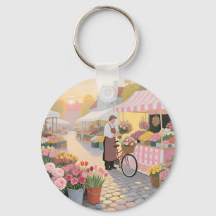 Sunny Flower Street Scene Key Ring