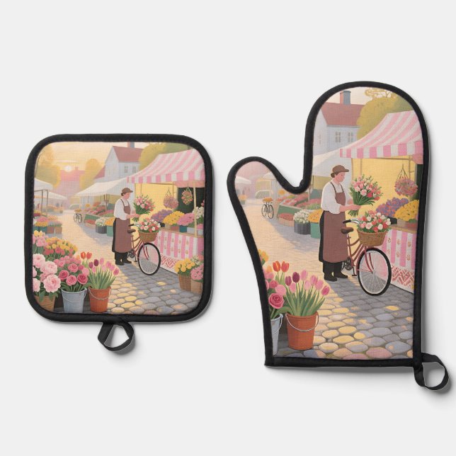 Sunny Flower Street Scene Oven Mitt & Pot Holder Set (Front)