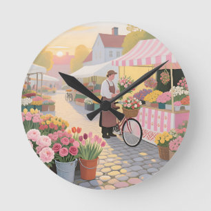 Sunny Flower Street Scene Round Clock