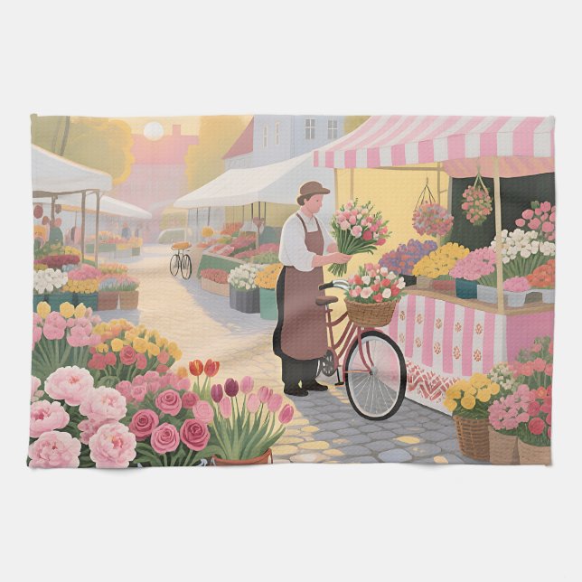 Sunny Flower Street Scene Tea Towel (Horizontal)