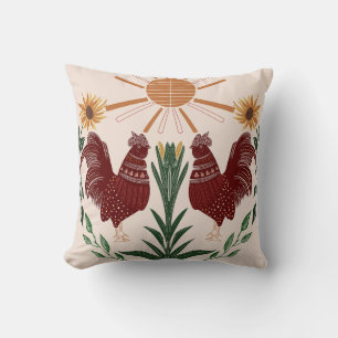 Sunny Folk Art Rooster Symmetrical Design Cushion
