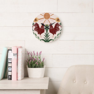 Sunny Folk Art Rooster Symmetrical Design Large Clock